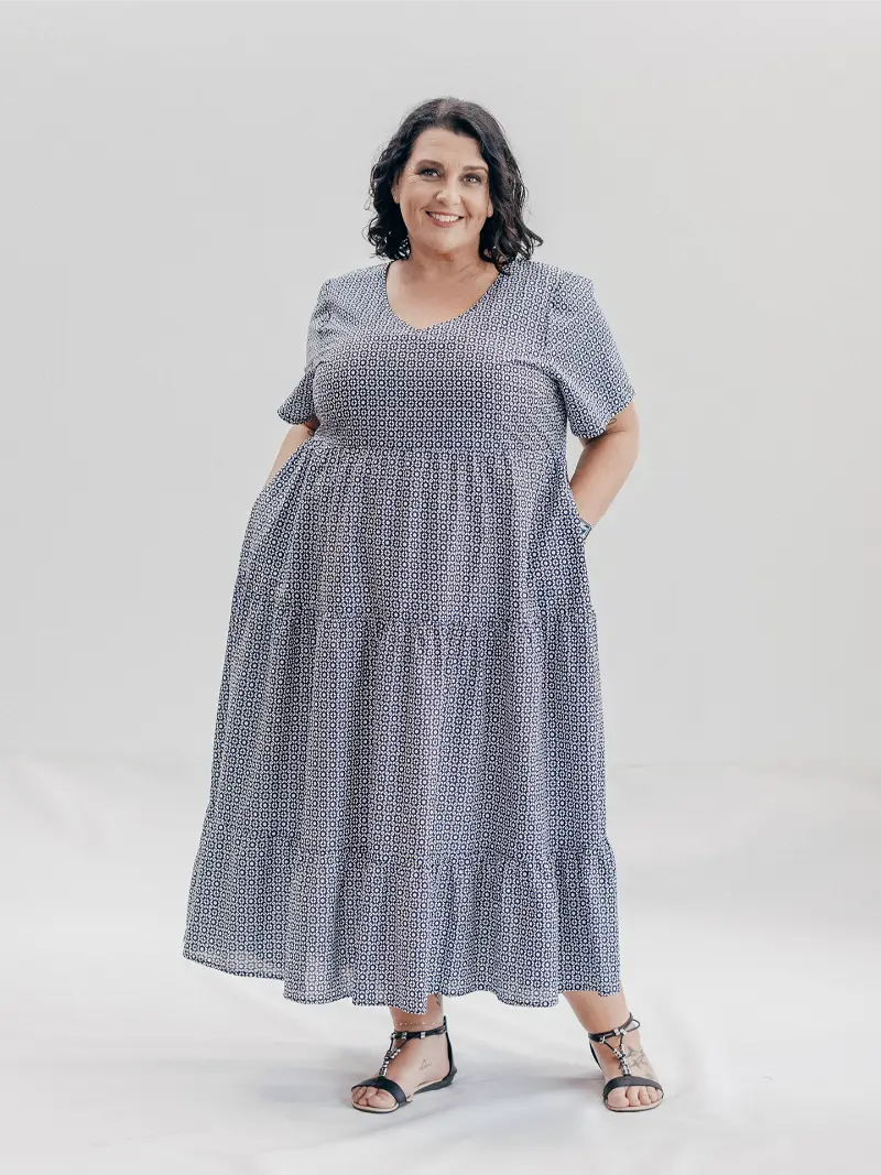 SFJ Lucy Maxi Dress Cotton Front Tile Navy White Size 20